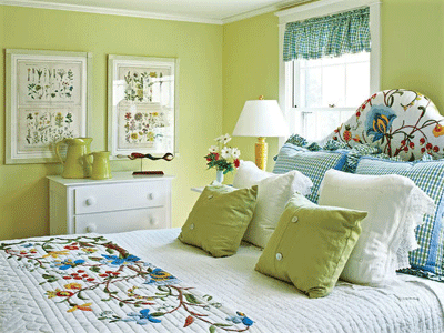 Bedroom Decorating Ideas, Green Paint and Wallpaper