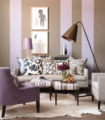 Pink Wallpaper on Beige  Pink And Purple Living Room Decorating  Striped Wallpaper