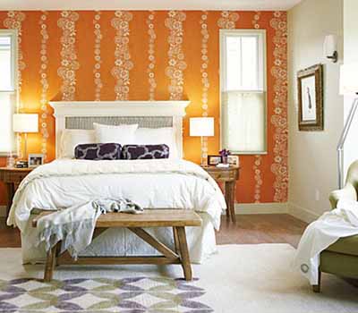 Modern Bedroom Decorating on Golden Wallpaper Striped Modern Bedroom Decorating Ideas