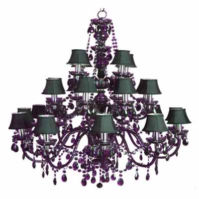  black chandelier with green shades Minin and purple glass crystals 