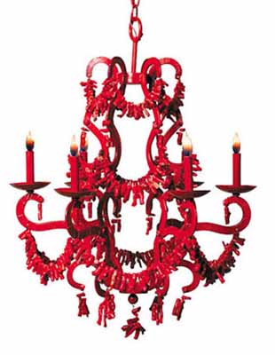 black painted chandelier with red corals and candle lights as adorned