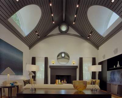 high ceiling and unique living room design in techno style