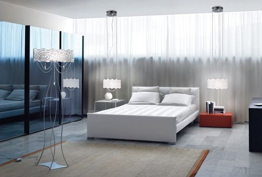 contemporary bedroom decor with modern table and floor lamps in techno style