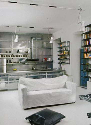 white living room furniture and interior design in techno style