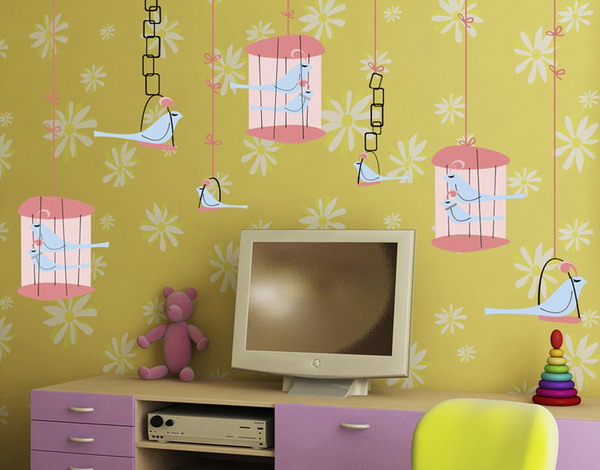beautiful wallpapers and wall stickers for nursery decor with pictures of birds, bird houses and bird cages