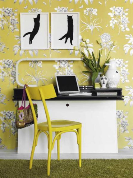 gray and yellow floral wallpaper for fall decorating ideas