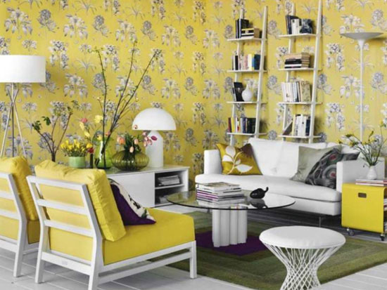 gray and yellow wallpaper with flowers and yellow pads are modern Fall Decorating Ideas