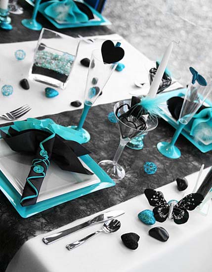 hearts decorations and butterflies in black and turquoise colors for modern table decor