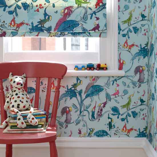 blue wallpaper for kids rooms decor with birds