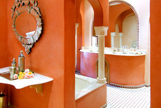 Moroccan bathroom decorating with cream and orange wall paint colors