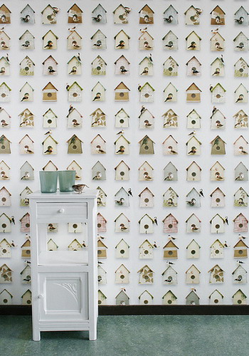 modern wallpaper with wooden birdhouses