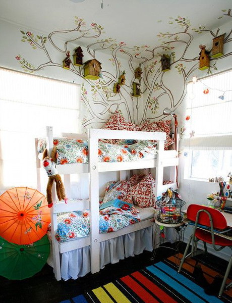 children room with wooden birdhouse decoration