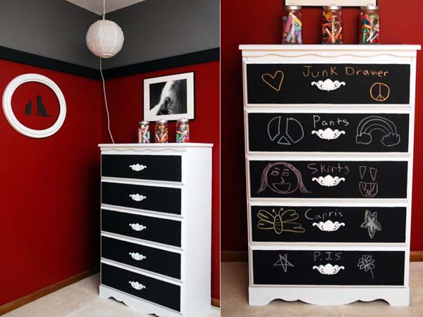 blackboard paint and white furniture decorating ideas to make a dresser refresh