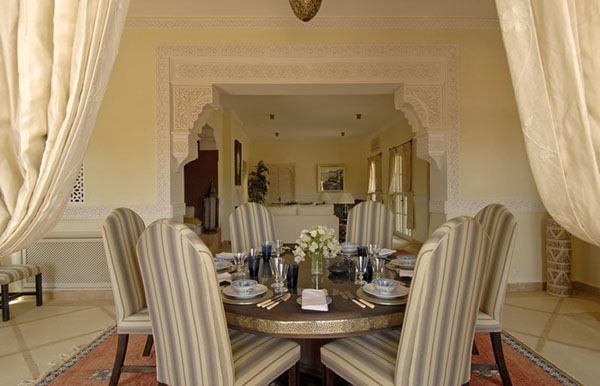 decorating dining Moroccan style with bright stripes and white furniture Decorative curtains