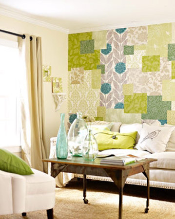 patchwork wallpaper pattern in blue and green colors for living room wall decoration