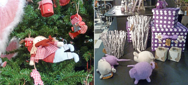 christmas tree decorations in red and purple colors