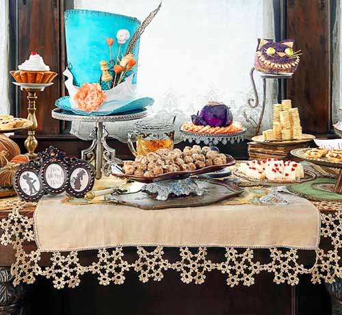 lace fabric and antique table decor itemds are vintage Halloween decorations