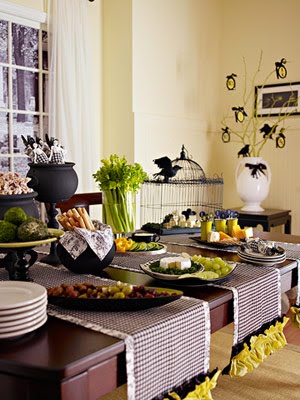 green vegetables and black table runner for Halloween party decoration