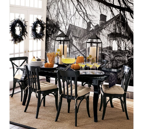 yellow drinks and black dining room decoration for Halloween Party