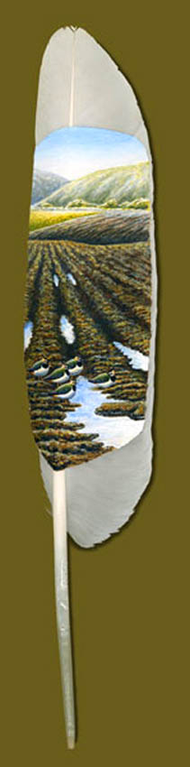 new zealand landscape painting on a swan feather, maori art and crafts