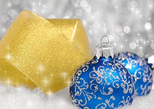 golden yellow ribbons and blue christmas balls