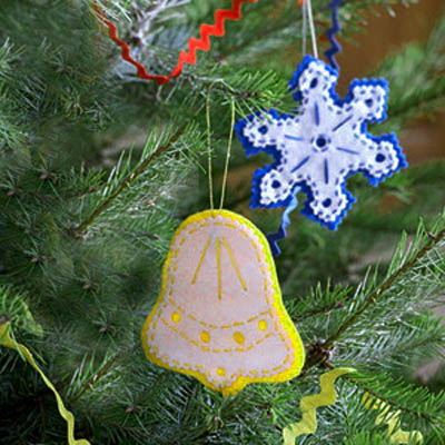 blue and yellow Christmas tree ornaments