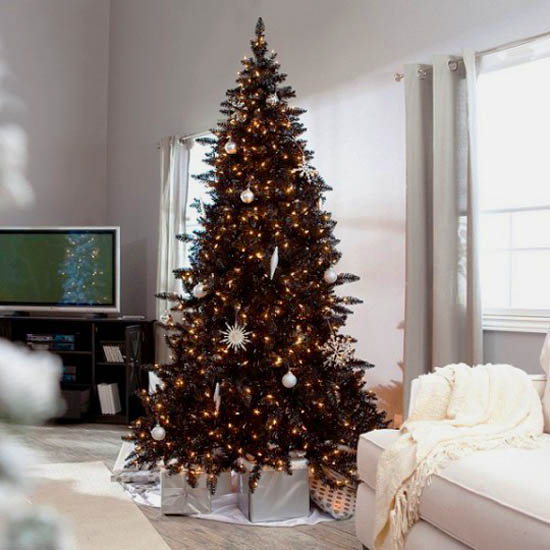 black Christmas tree with golden yellow ornaments