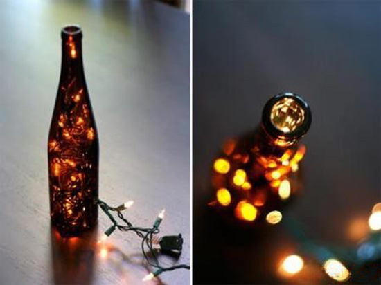 black bottle with Christmas lights
