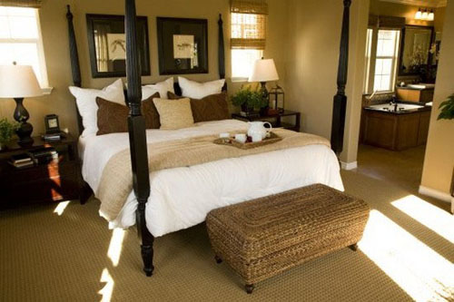 bed with posts and wicker stool style for creating colonial houses
