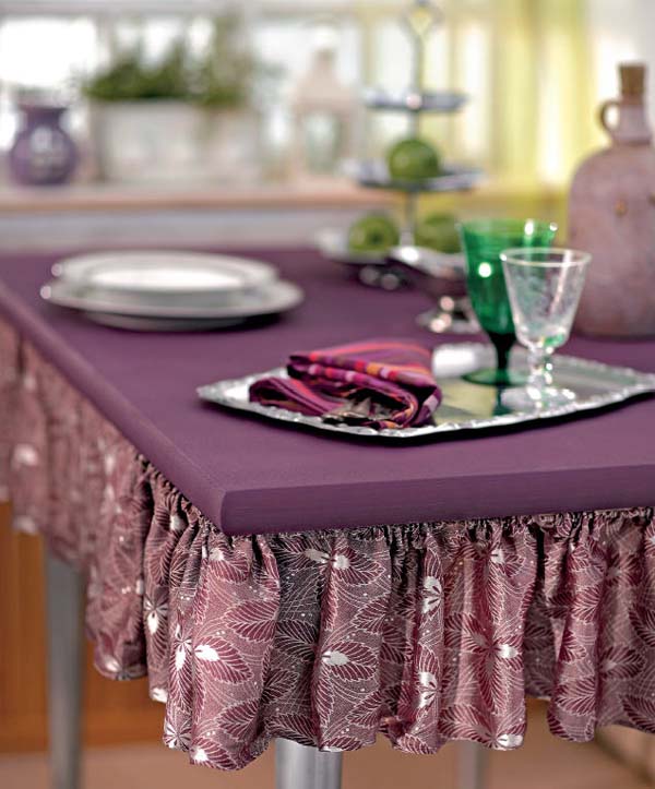 makes table skirt purple fabric and decoration tabletop with purple color