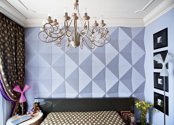 contemporary wall decoration and classic chandelier for bedroom design in eclectic style