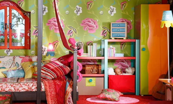 green wallpaper with pink flowers for extravagant gypsy home decoration