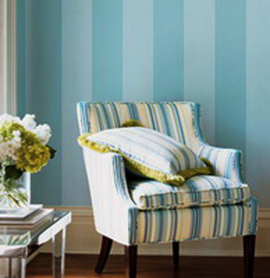 wall decoration with striped wallpaper in blue color