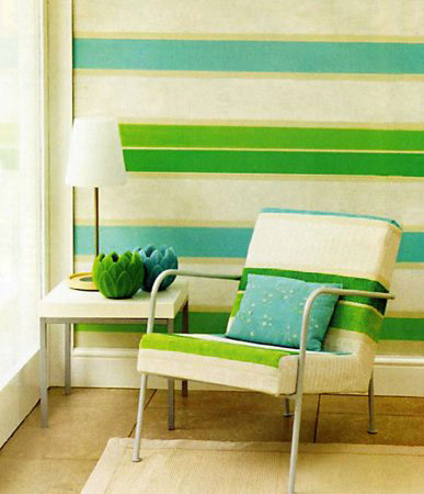 freen and white stripes on walls and striped fabric