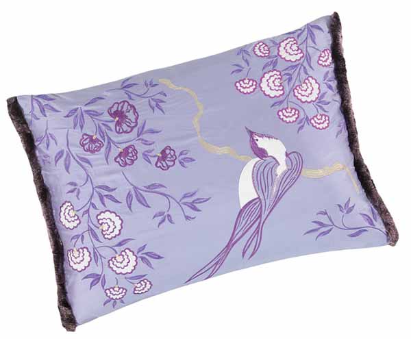 silk cushions in purple color with bird and flower paintings
