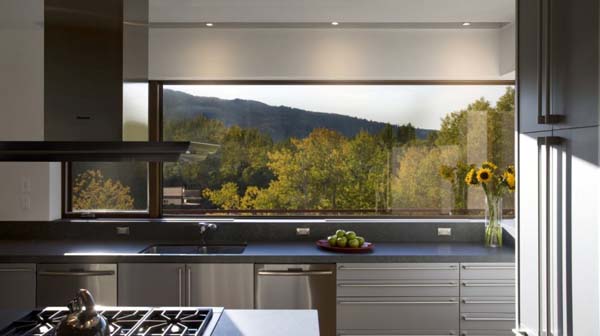 modern kitchen design with large windows