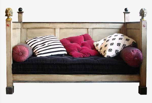 pink and white-n-blck cushions for sofa in a retro style
