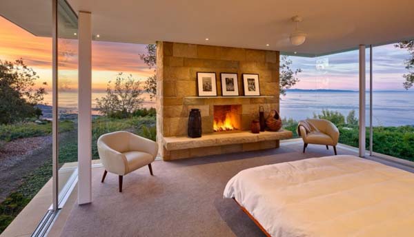natural stone fireplace in bedroom