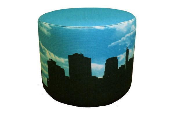 ottoman with cityscape upholstery fabric print