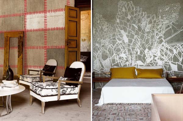 patchwork fabric wallpaper and leaf wallpaper pattern