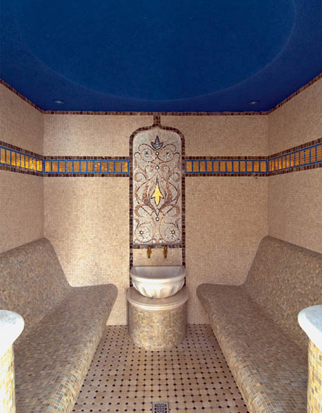 hamam with blue ceiling and unique mosaic tile designs