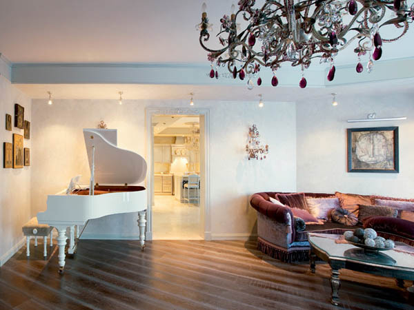 living room design with white grand piano