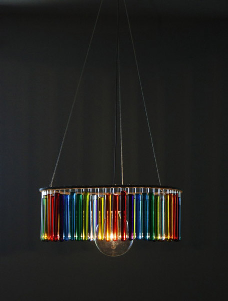 glass chandelier with colored water in pipes