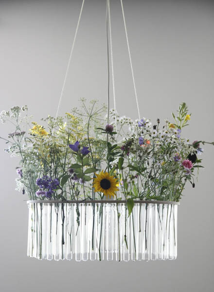 glass tube chandelier with flowers