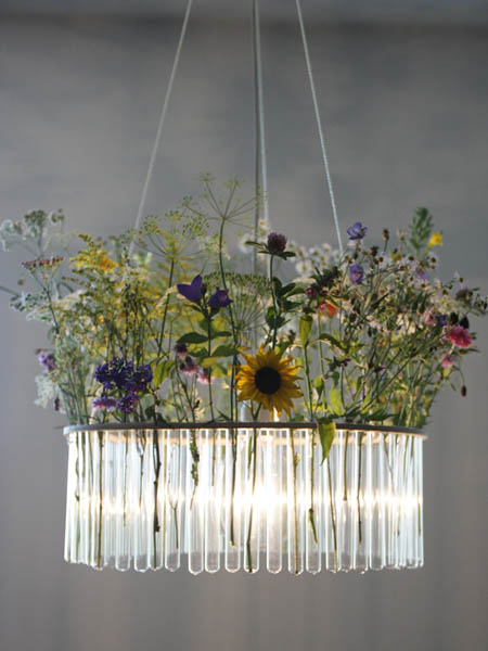glass chandelier with tubes for flowers