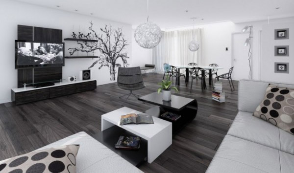 black and white color combination for contemporary living room design