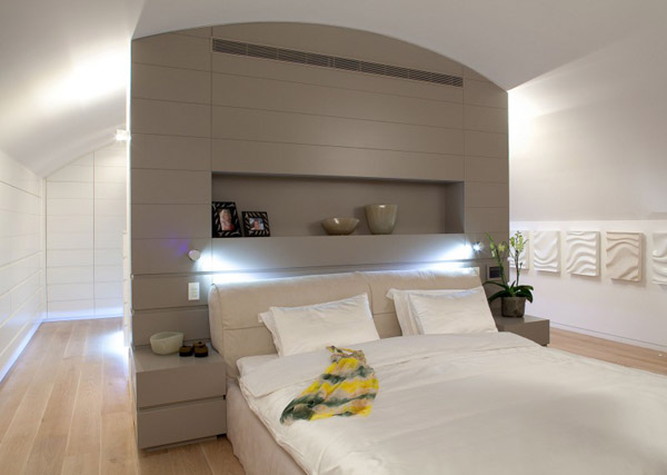 gray paint and white bedding