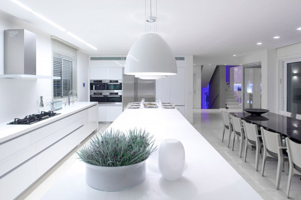 white kitchen lighting and furniture