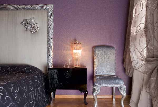 silver furniture and purple wall in the bedroom
