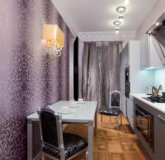 white and black kitchen with purple wall